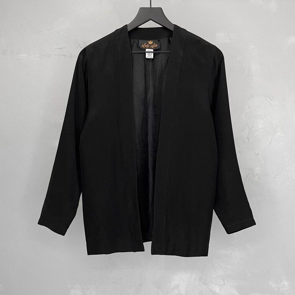 Vintage 1980s Lady Lesli Black 100% Silk Kimono Style Lightweight Jacket Sz. 4